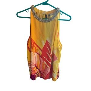 Jennifer‎ Lopez Yellow Floral Beaded Sleeveless Blouse Top Tank Size L